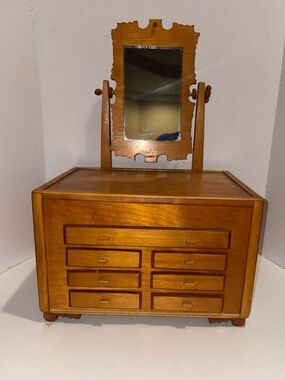 Vintage Wooden Jewelry Box with Tilt Mirror - Honey Brown